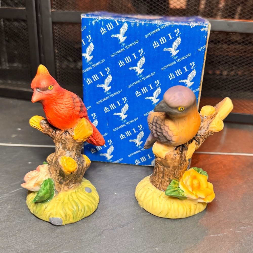 Vintage Ceramic Bird Figurines Pair New in Box Cardinal Dove Perched on Branches